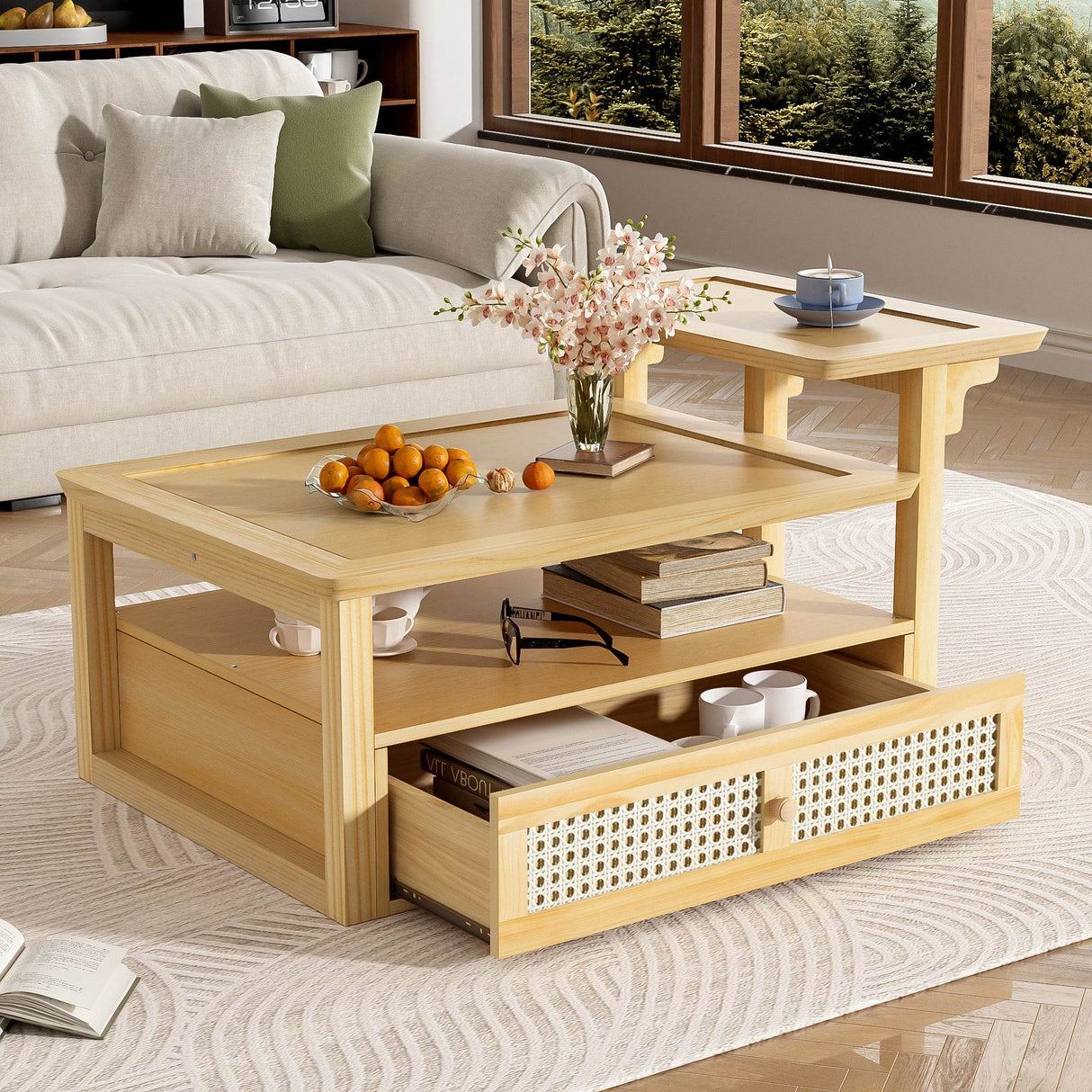Modern Natural MDF Coffee Table With Rattan Drawer - Sleep Galleria