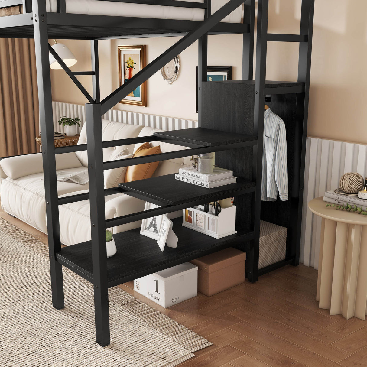 Twin Metal Loft Bed With Stairs Storage Shelves - Omega Lifestyles