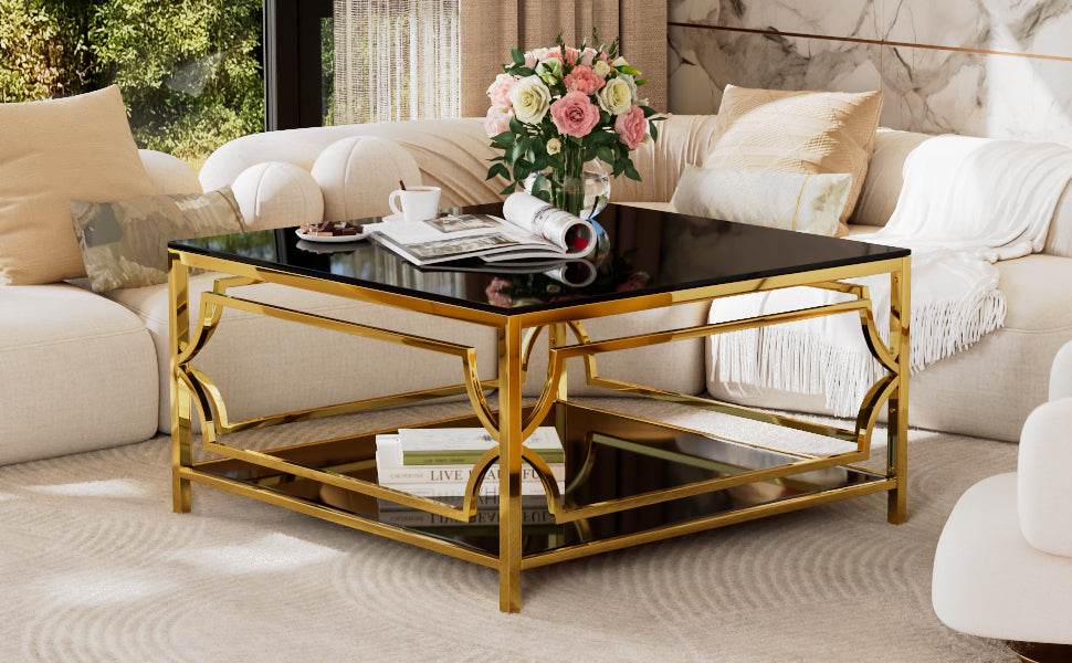 Modern Square Glass Coffee Table With Gold Metal Frame - Sleep Galleria