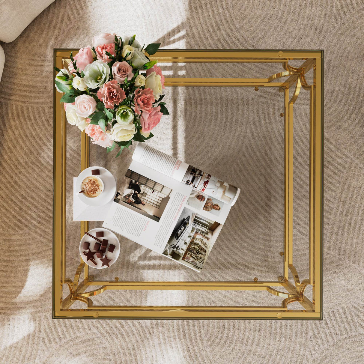 Square Tempered Glass Coffee Table With Gold Frame - Sleep Galleria