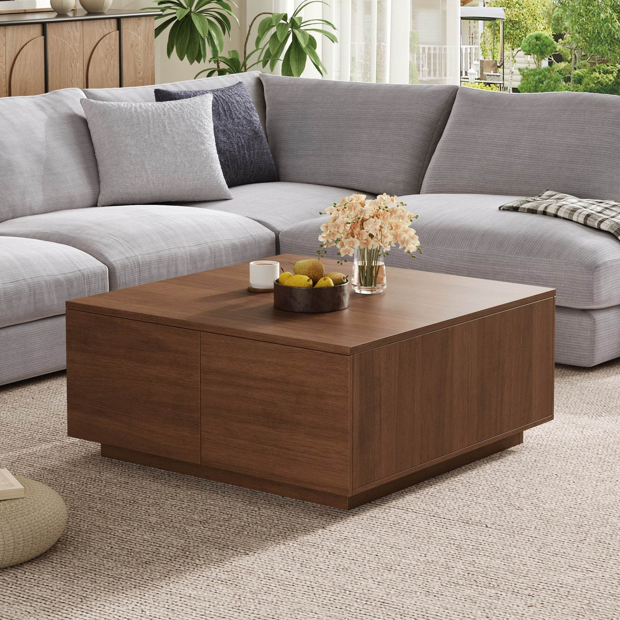 Modern Walnut Square Coffee Table With Four Drawers - Sleep Galleria