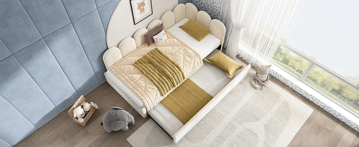 Beige Velvet L-Shaped Twin Daybed With Pull-Out Trundle - Omega Lifestyles