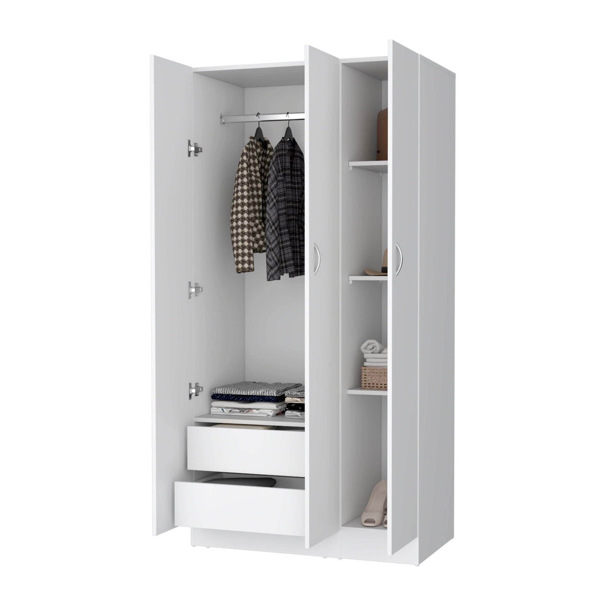 White Engineered Wood Three-Door Wardrobe With Drawers - Omega Lifestyles