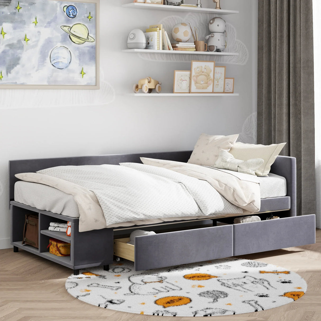 Twin Velvet Upholstered Platform Bed With Storage Drawers - Omega Lifestyles
