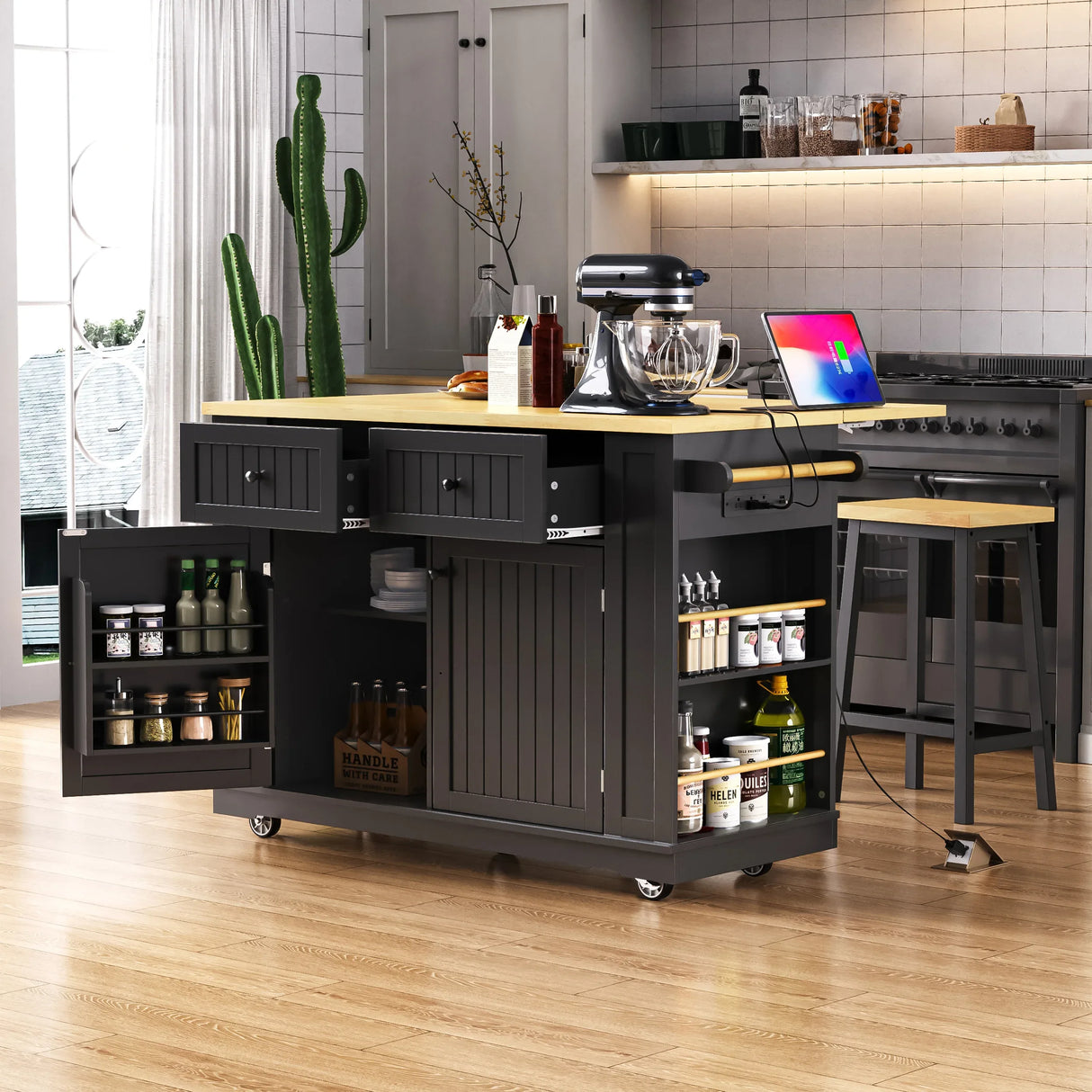 48-Inch Rolling Kitchen Island Cart With Power Outlet - Omega Lifestyles