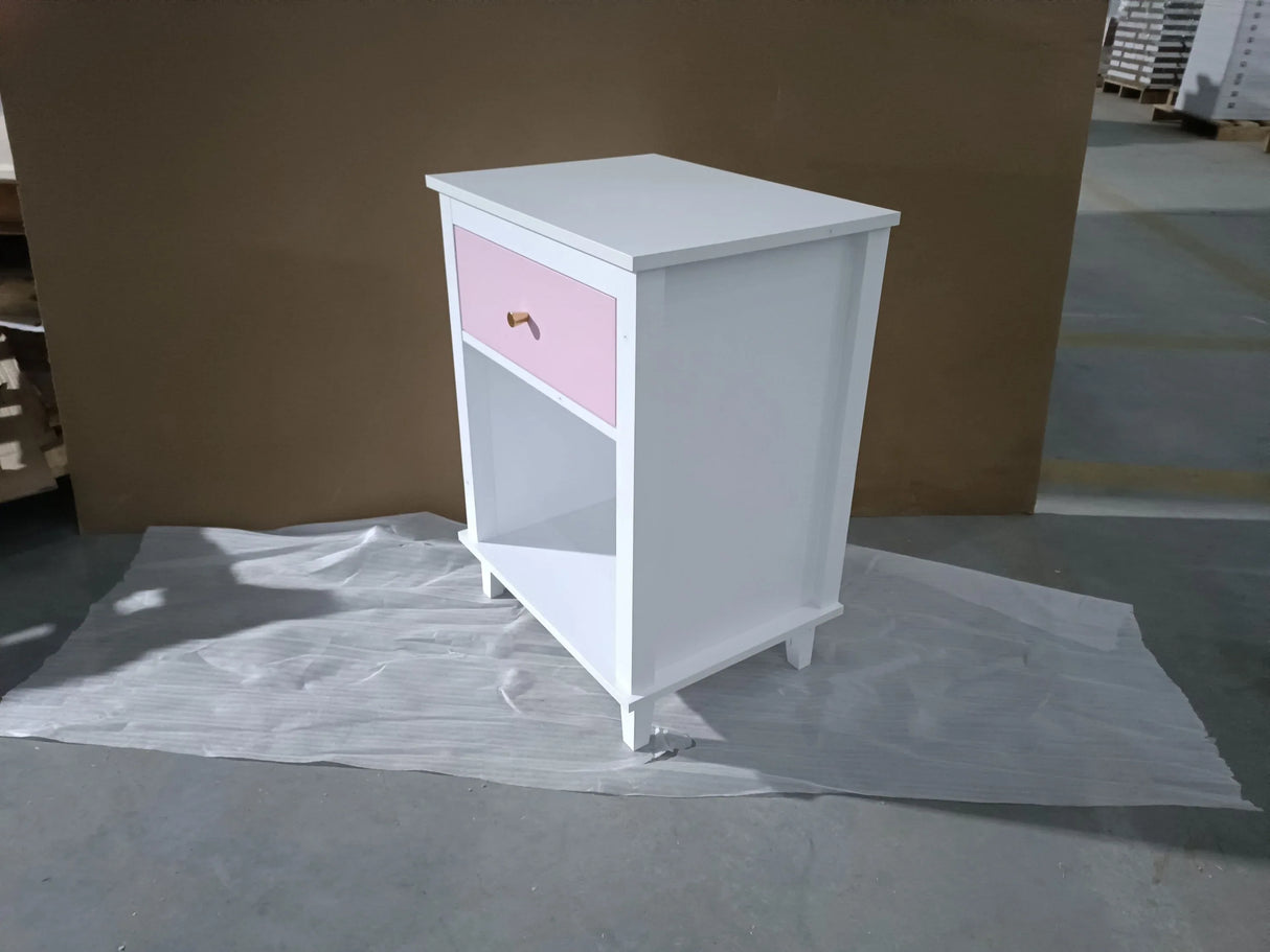 Pink MDF Wooden Nightstand With Drawer And Shelf - Omega Lifestyles