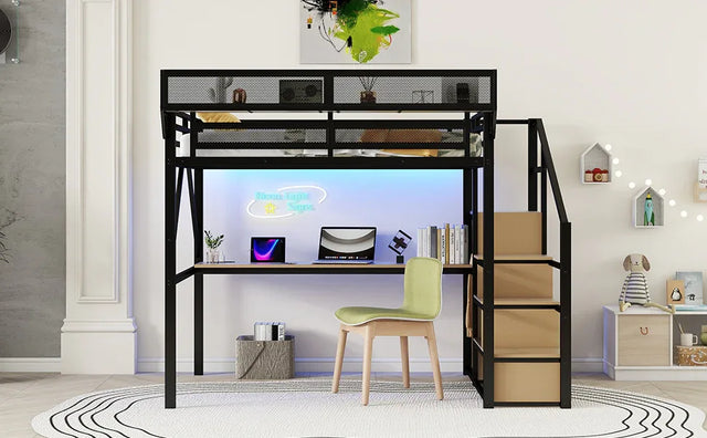 Full Metal Full Size Loft Bed With Desk Charging Station - Omega Lifestyles