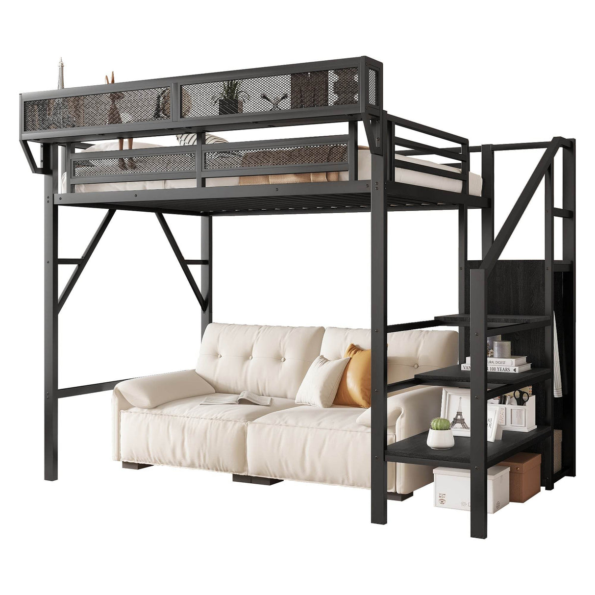 Twin Metal Loft Bed With Stairs Storage Shelves - Omega Lifestyles