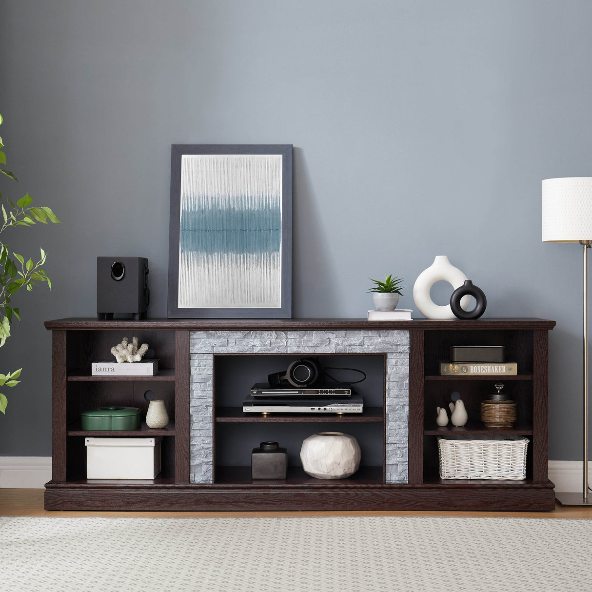 Cherry Faux Stacked Stone TV Stand With Storage Cabinet - Sleep Galleria