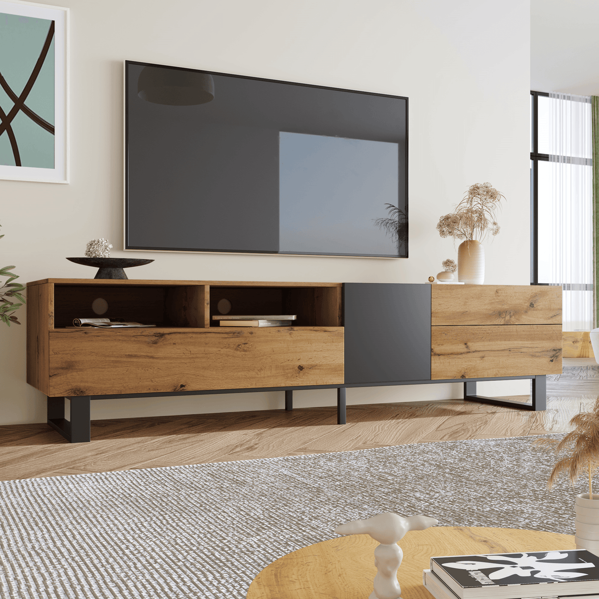 Modern Wood TV Stand With Drop Down Storage - Sleep Galleria
