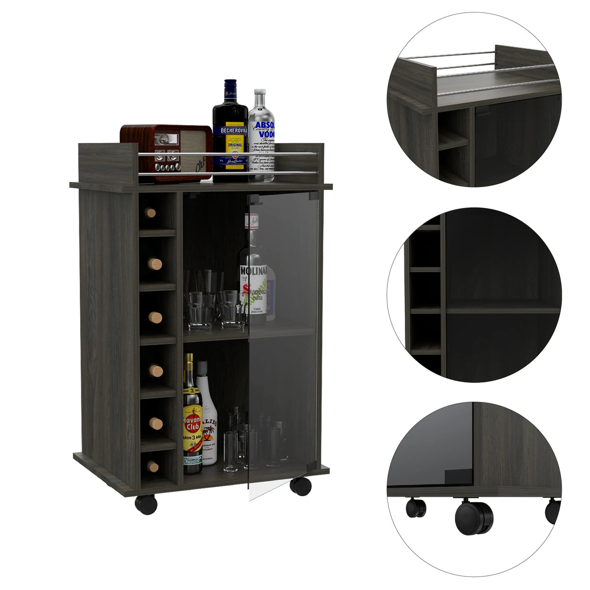Modern Brown Particle Board Bar Cart With Wine Rack - Omega Lifestyles