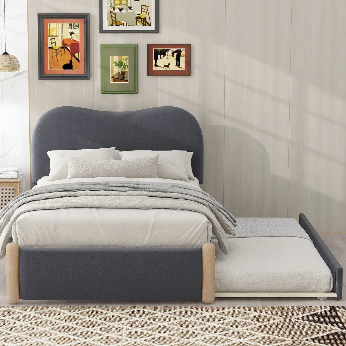 Twin Upholstered Platform Bed Frame With Trundle and Headboard - Omega Lifestyles