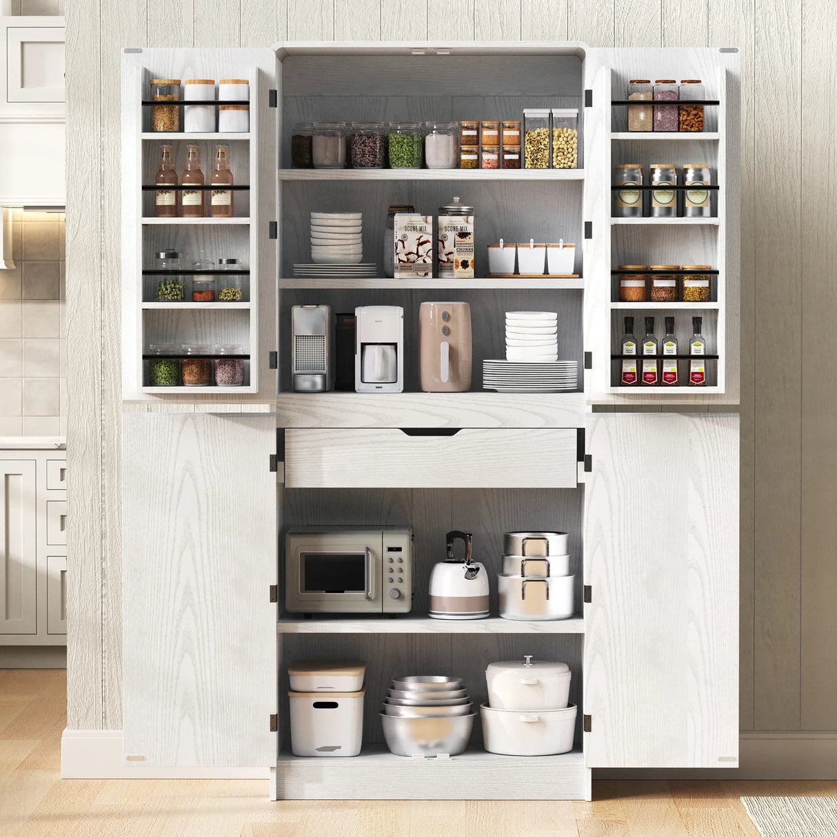 Modern Curved Design Kitchen Pantry Cabinet With Drawer - Omega Lifestyles