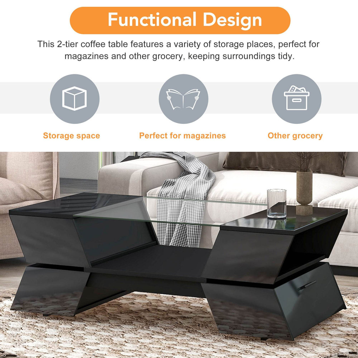 Modernist 2-Tier Black Tempered Glass Coffee Table - Sleep Galleria