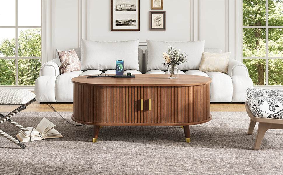 Mid-Century Modern Walnut Coffee Table With Charging Station - Sleep Galleria