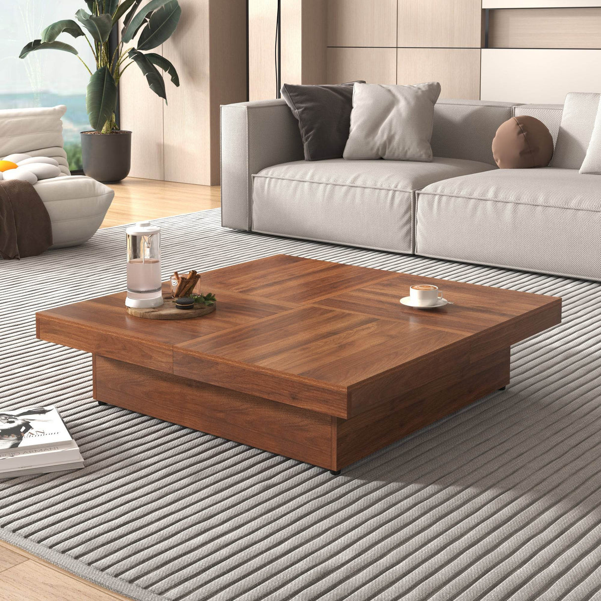 Square Walnut Veneer Coffee Table With Sliding Storage - Sleep Galleria