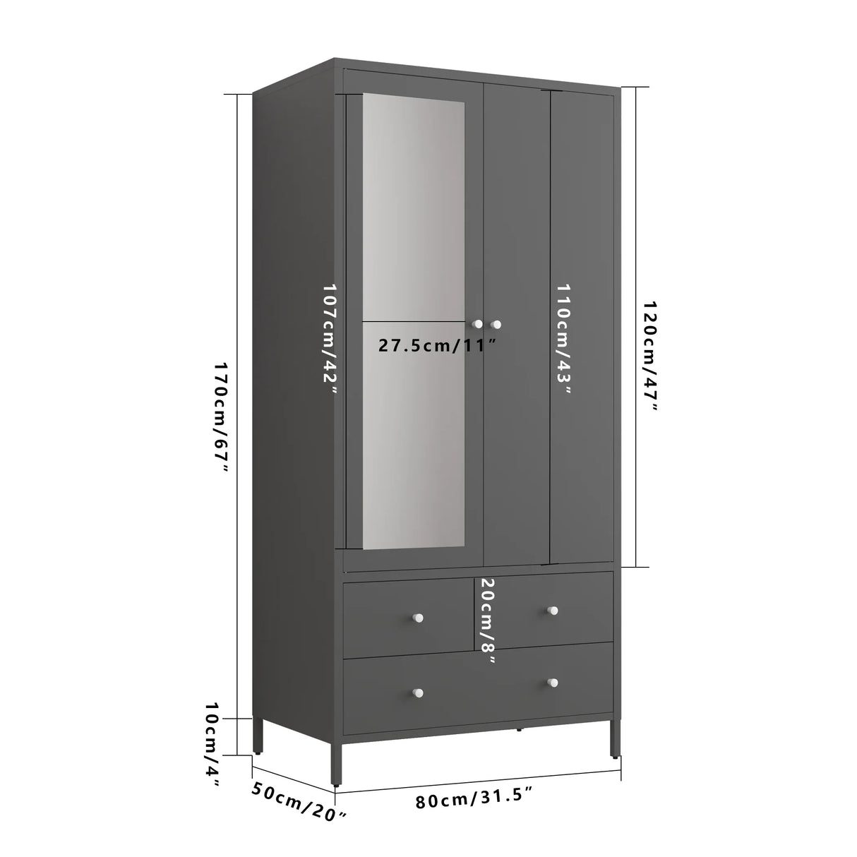 Retro Steel Armoire Wardrobe Closet With Mirror And Drawers - Omega Lifestyles