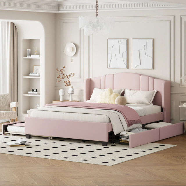Queen Upholstered Linen Platform Bed With Trundle Drawers - Omega Lifestyles