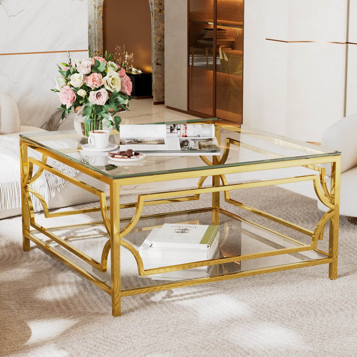 Square Tempered Glass Coffee Table With Gold Frame - Sleep Galleria