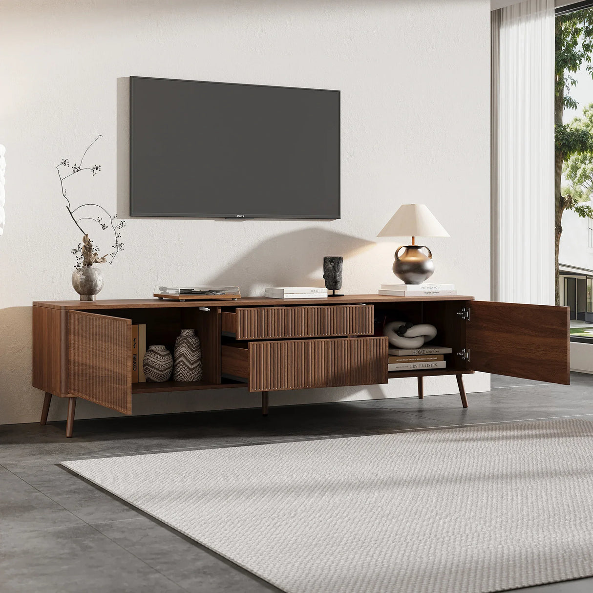 70-Inch Walnut Fluted Modern TV Stand With Storage - Omega Lifestyles