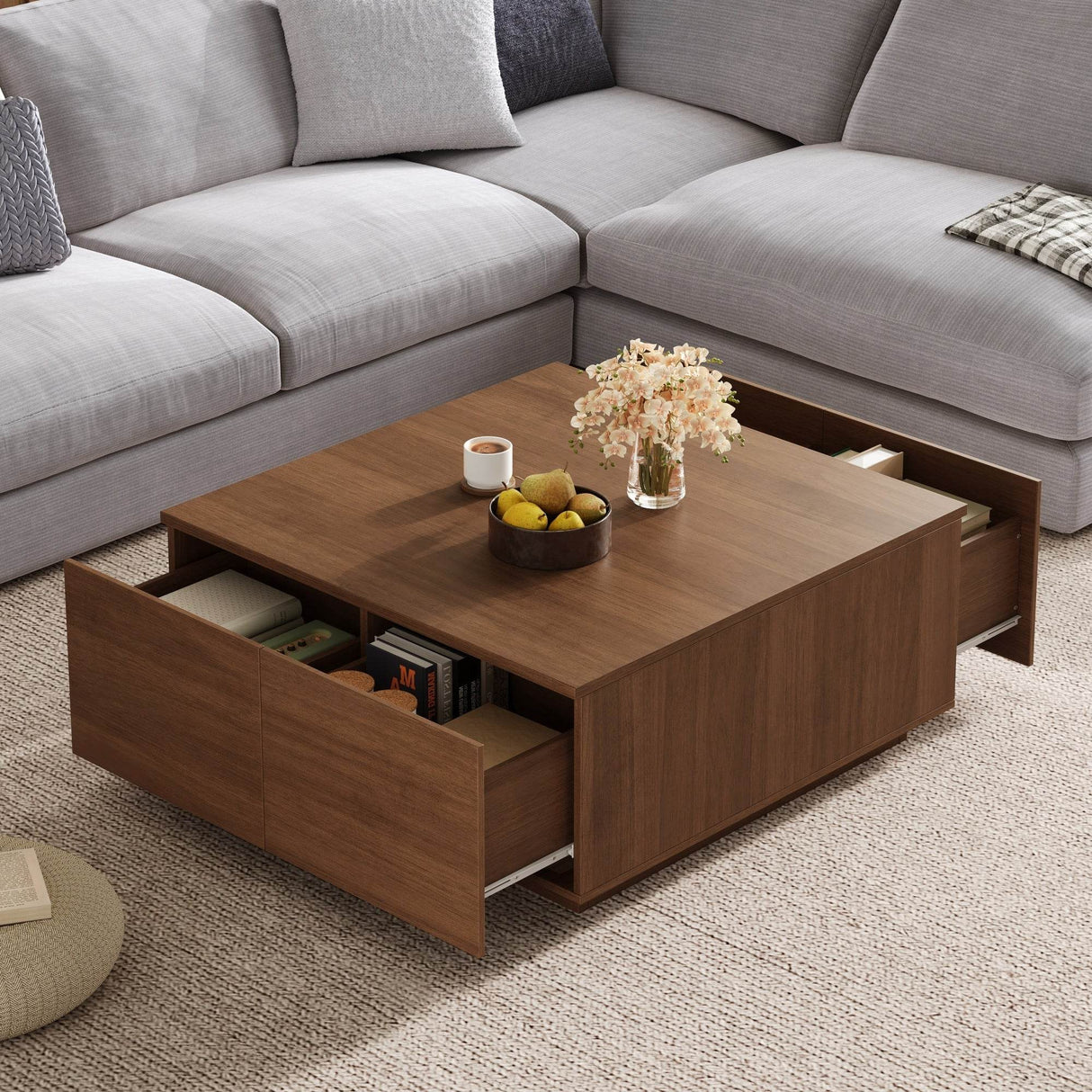 Modern Walnut Square Coffee Table With Four Drawers - Sleep Galleria