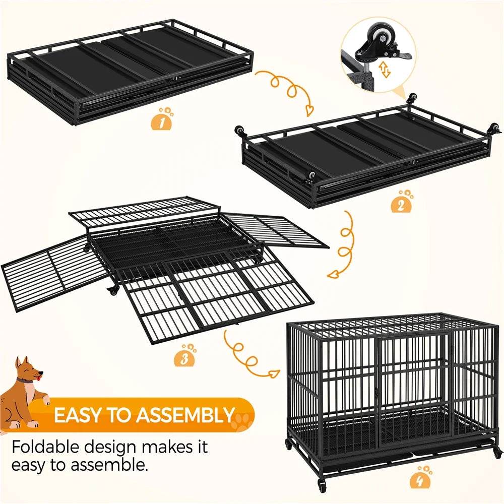 48-Inch Indestructible Rolling Dog Crate with Open-Top Design, Black