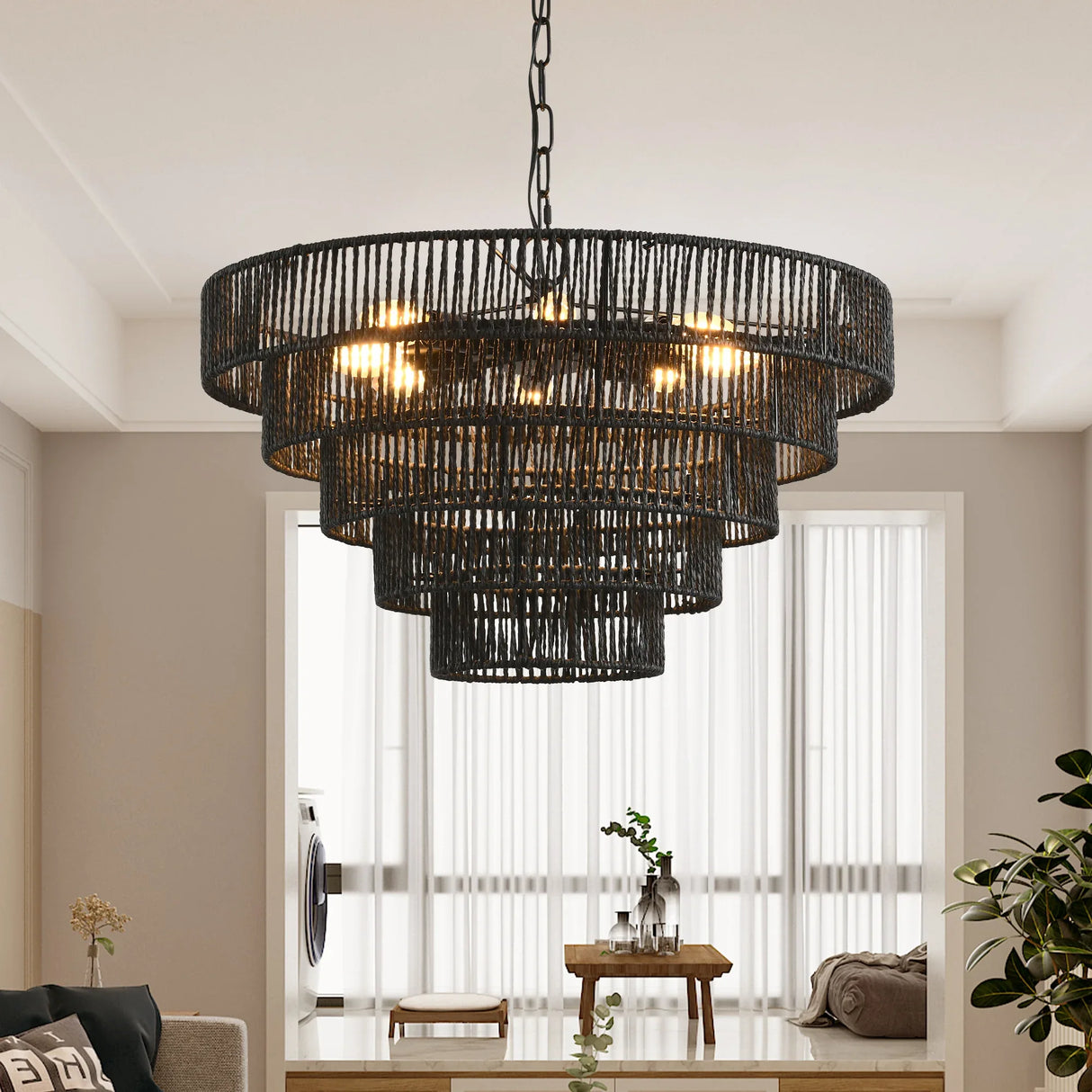 Rustic 5-Tier Black Hemp Rope Pendant Light Chandelier - Omega Lifestyles
