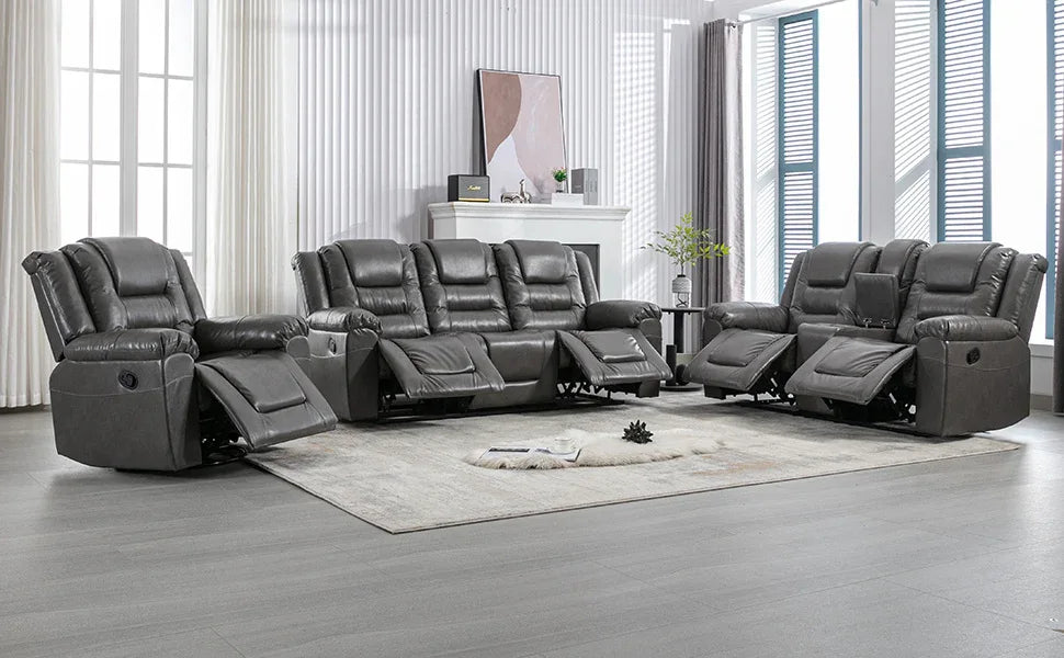 Grey Manual PU Upholstered Home Theater Recliner Chair Set - Omega Lifestyles