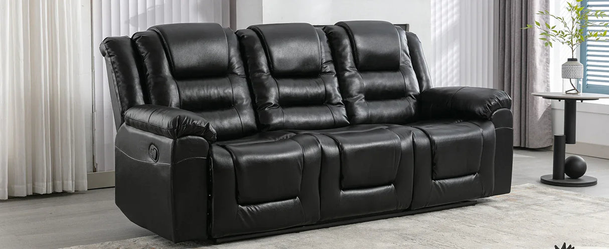 3 Seater Manual Recliner Chair With Cup Holders Black PU - Omega Lifestyles