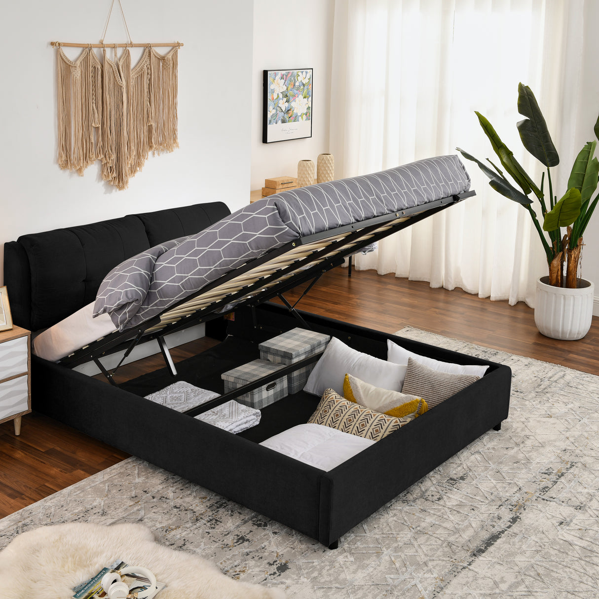 Queen Upholstered Chenille Storage Platform Bed Frame