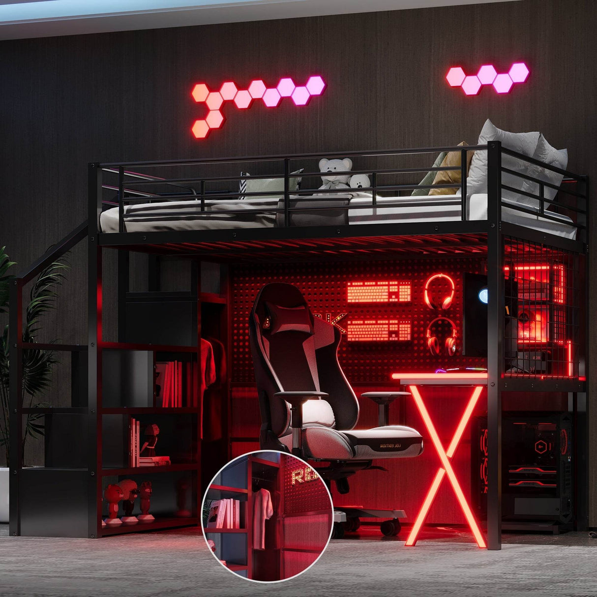 Full Metal Loft Bed With Workstation Storage And LED