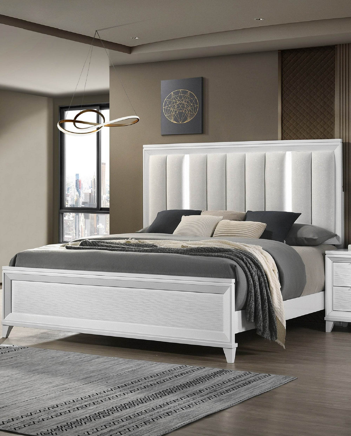 Queen Modern Linen Upholstered LED Light Panel Bed