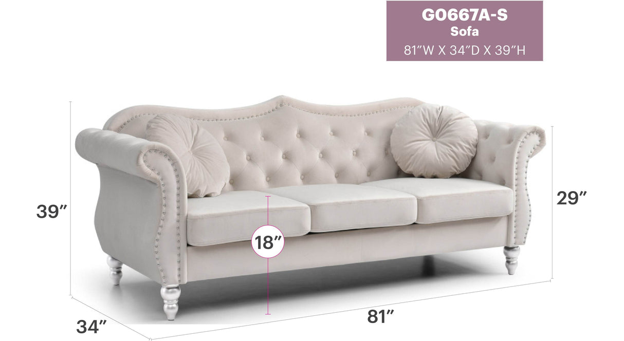 Ivory Velvet 3-Seat Tufted Sofa With Nailhead Trim - Omega Lifestyles