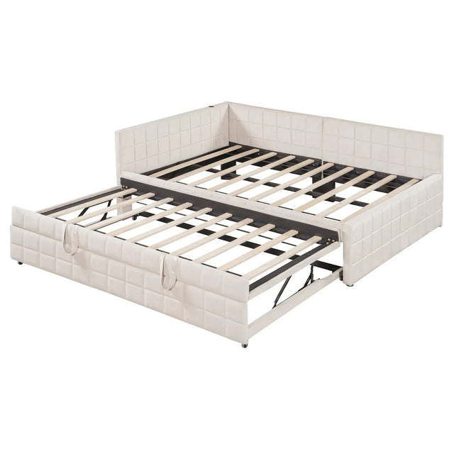 Full Upholstered L-Shaped Daybed With Twin Trundle and USB Ports - Omega Lifestyles