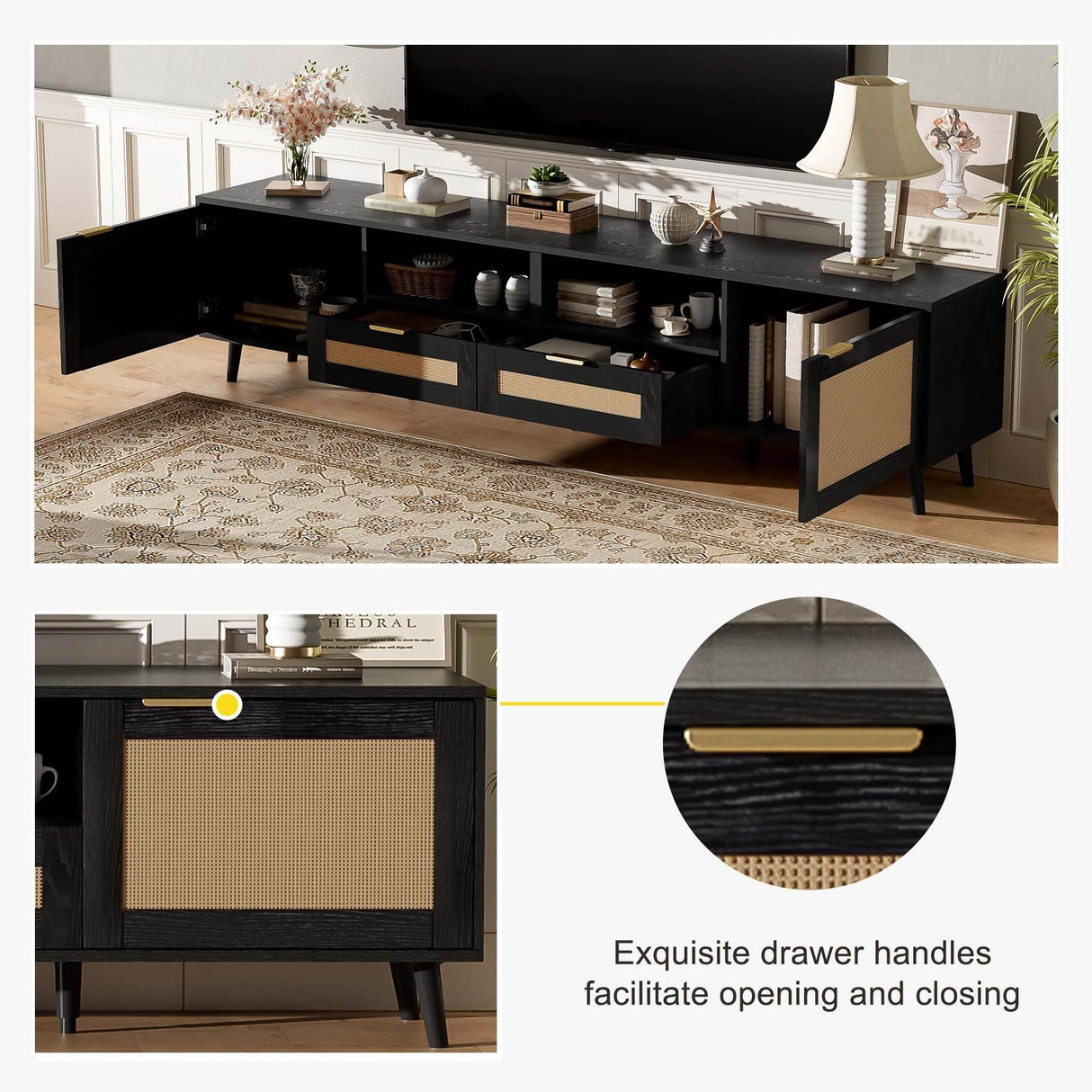 Modern Rattan TV Stand With Storage Cabinet - Sleep Galleria