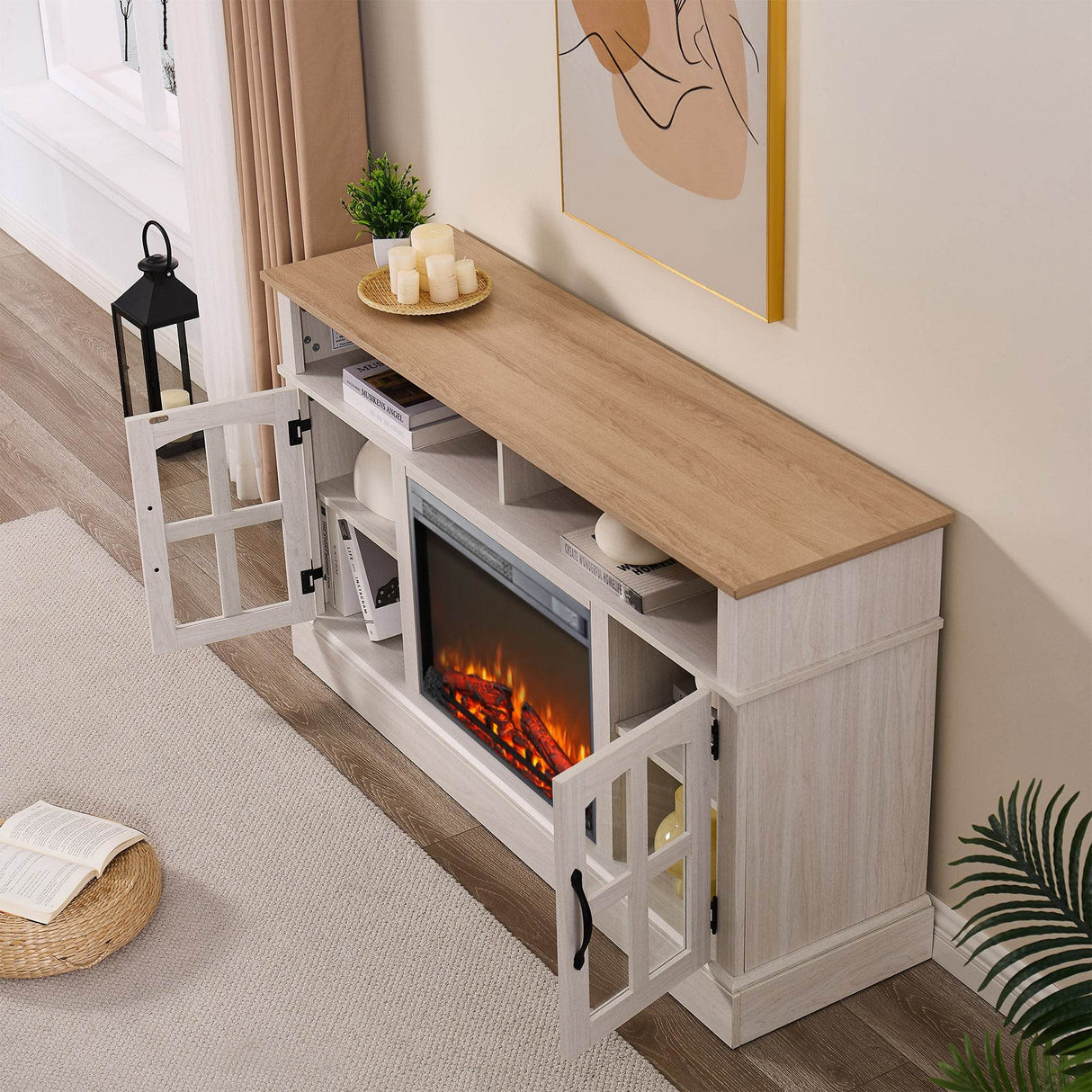 58-Inch Jasmine White Electric Fireplace TV Stand - Sleep Galleria