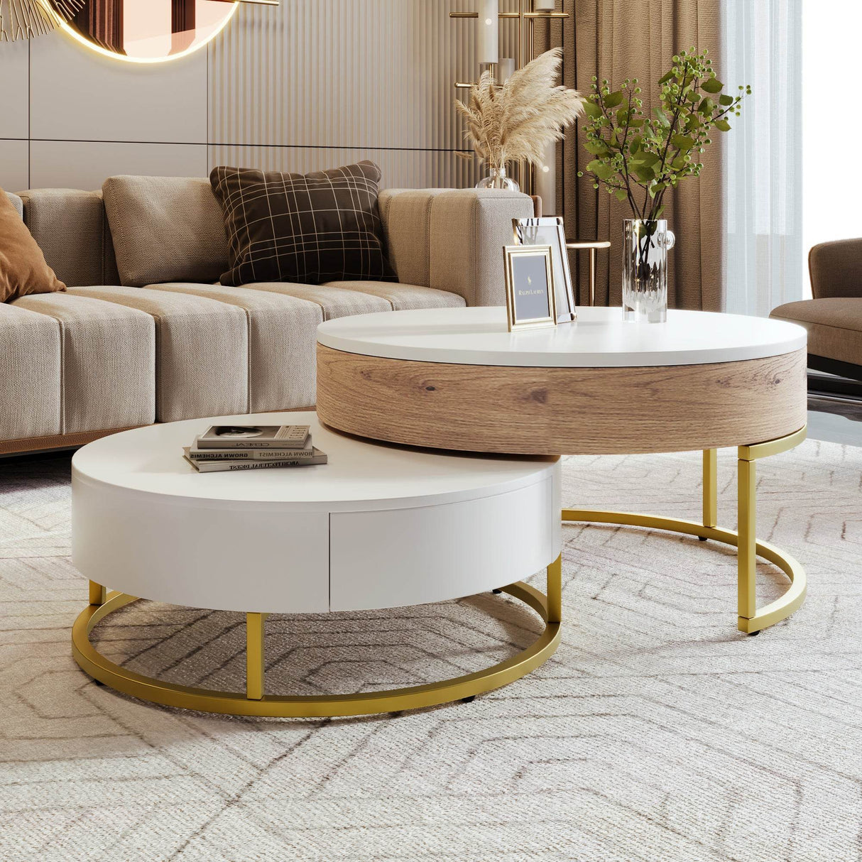 Modern Round Lift-Top Nesting Coffee Tables With Drawers - Sleep Galleria