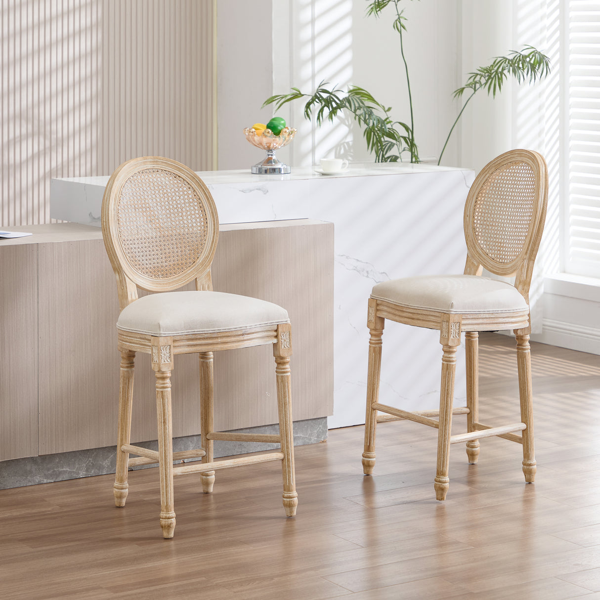 French Country Set Of 2 Mid Century Cotton Linen Bar Chairs