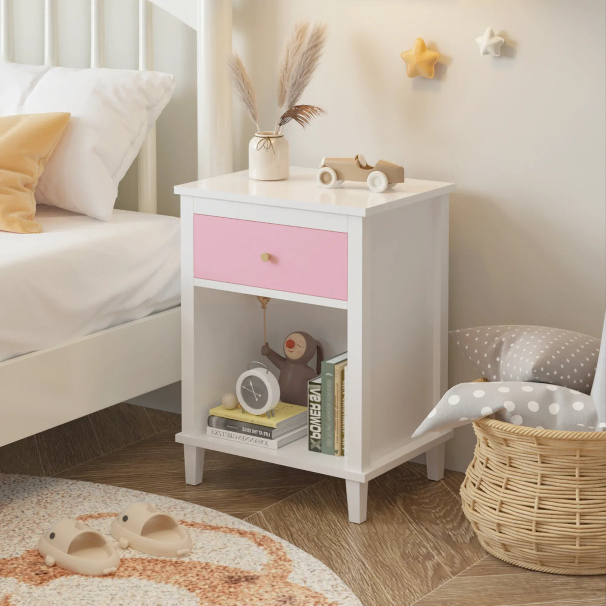 Pink MDF Wooden Nightstand With Drawer And Shelf - Omega Lifestyles