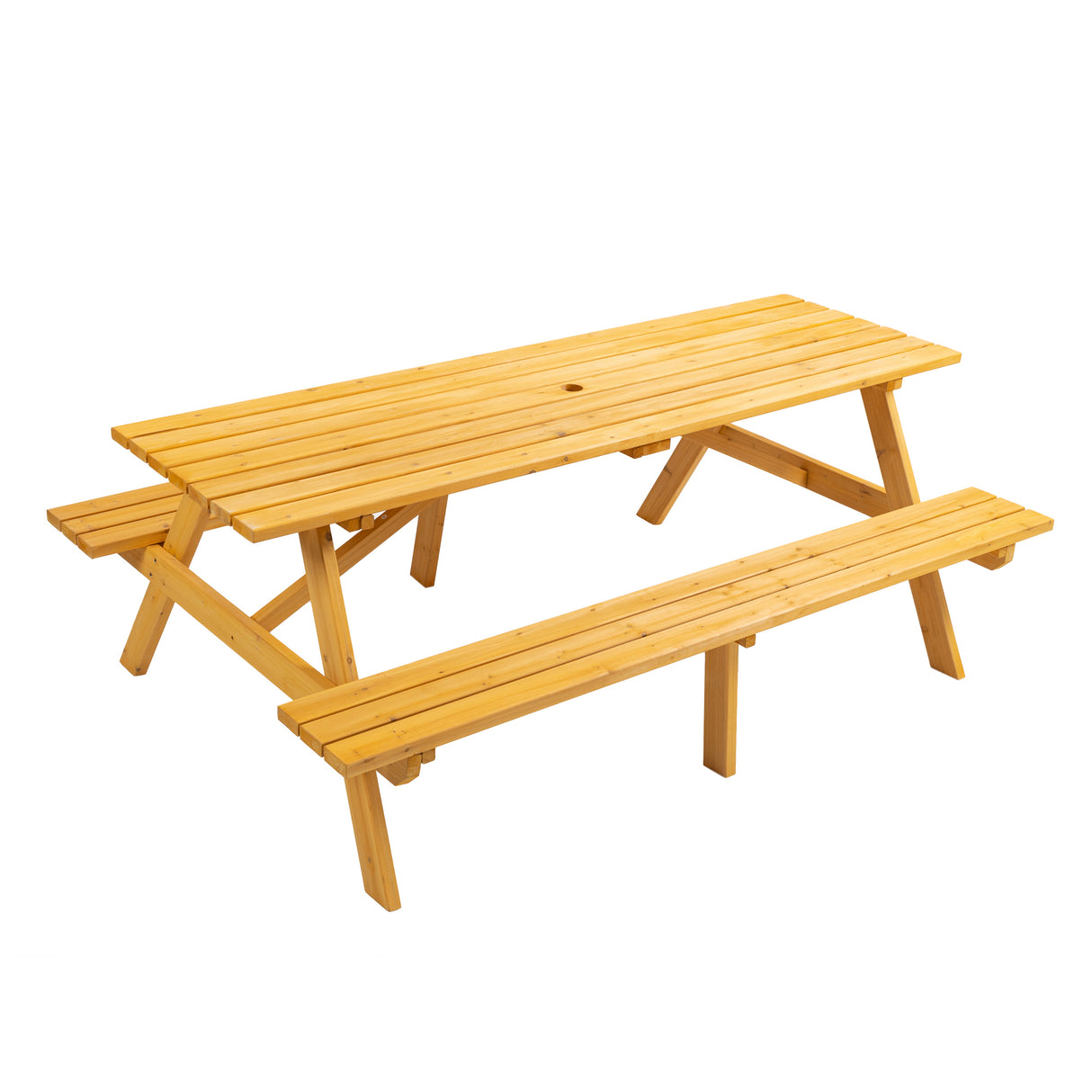 Wooden Outdoor Picnic Table With Built-In Benches And Umbrella Hole