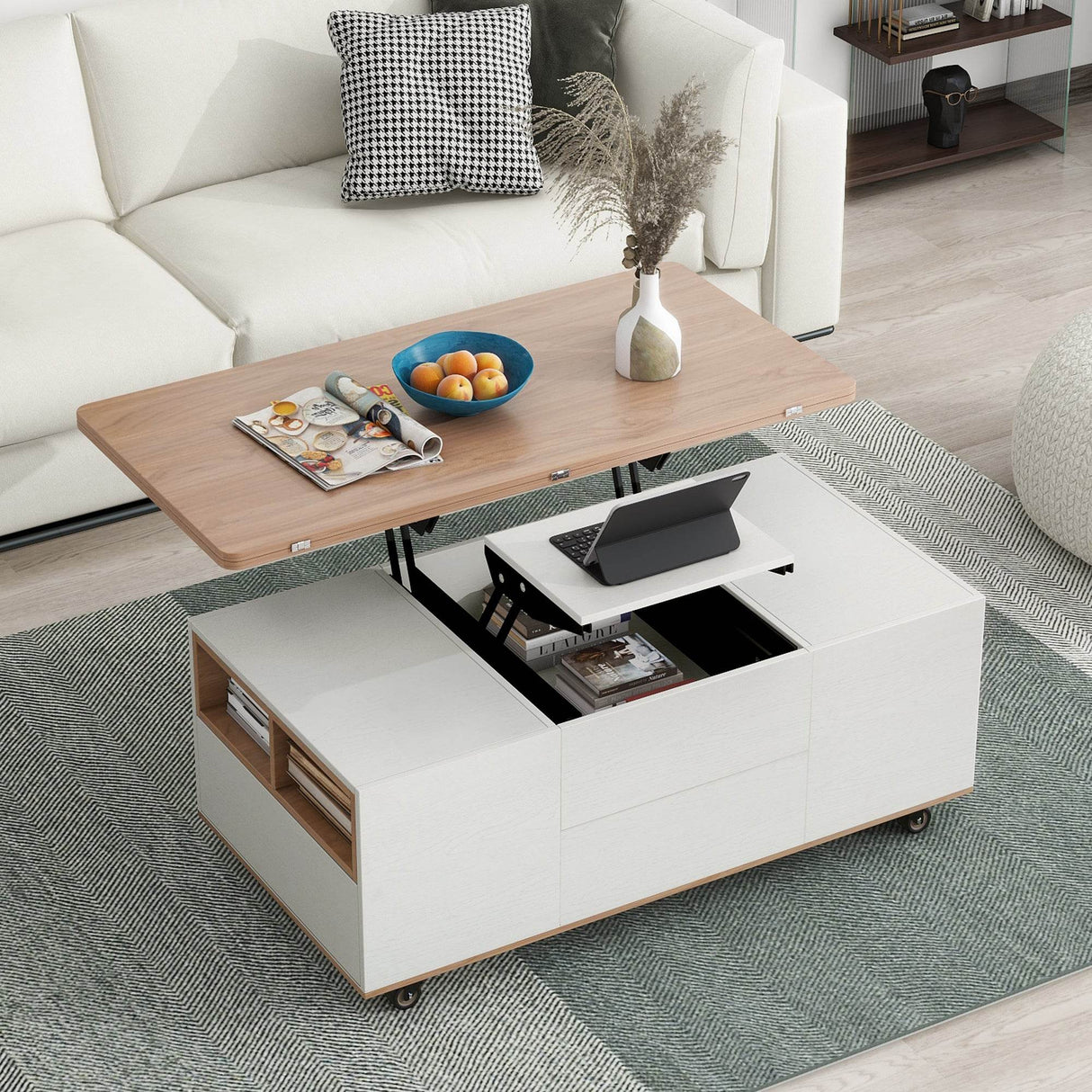 Modern Walnut White Lift Top Coffee Table With Drawers - Sleep Galleria