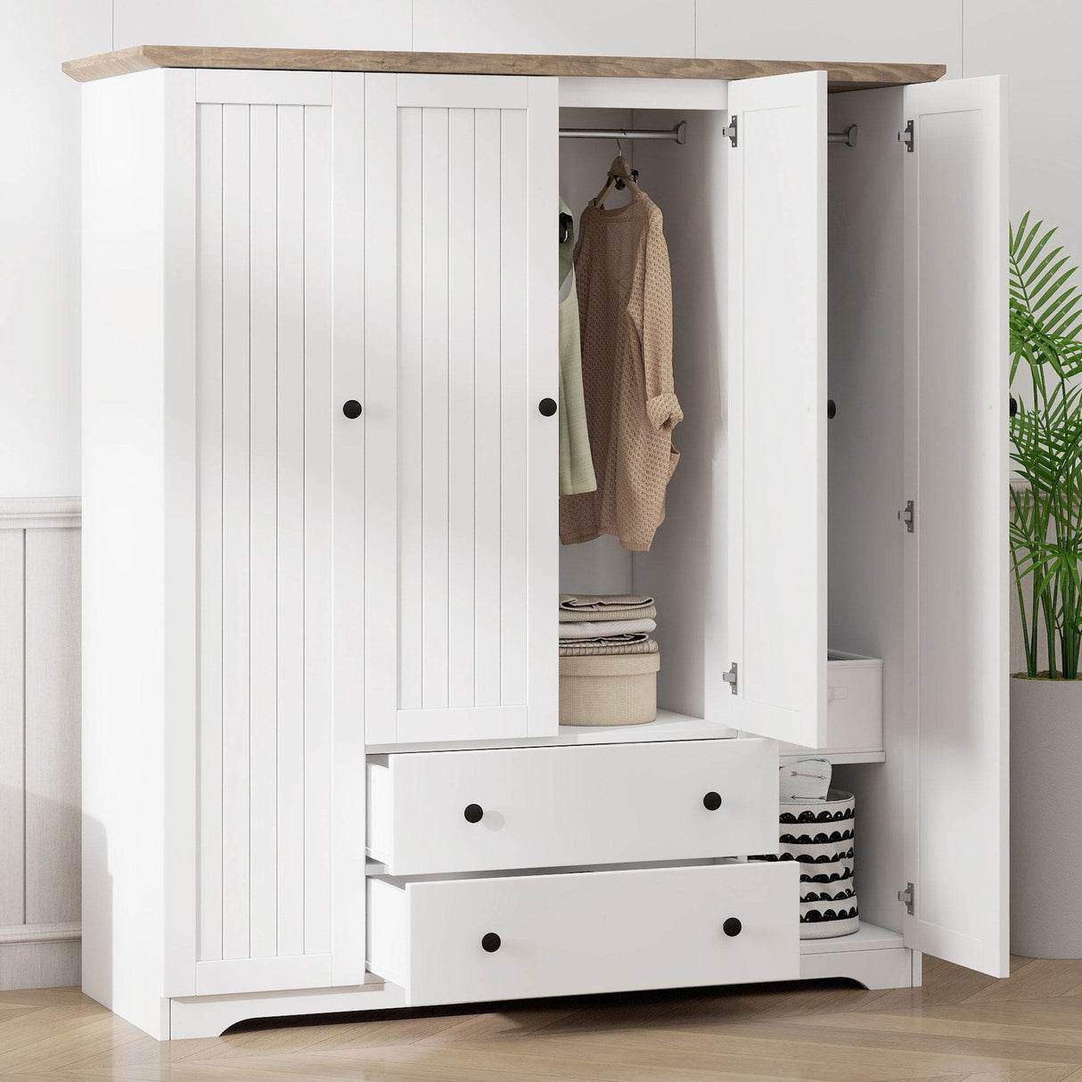 4 Door White Solid Wood MDF Wardrobe Armoire - Omega Lifestyles