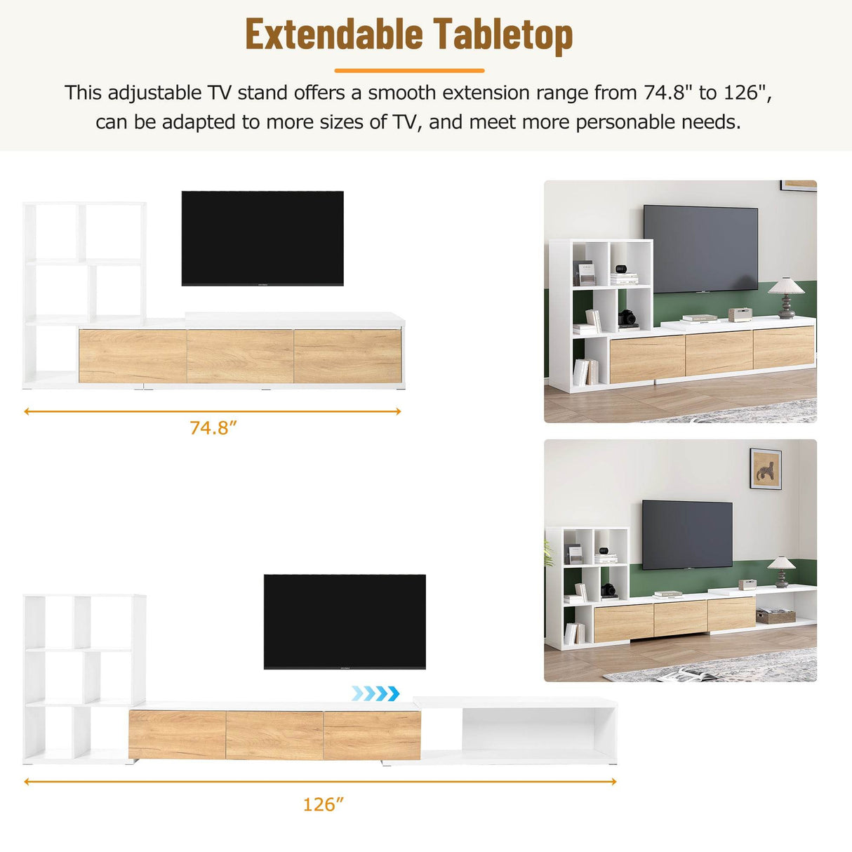 Adjustable Extendable White MDF TV Stand With Storage - Sleep Galleria