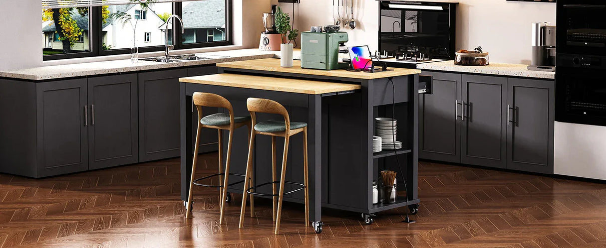 Extendable Rubber Wood Veneer Kitchen Island Cart - Omega Lifestyles