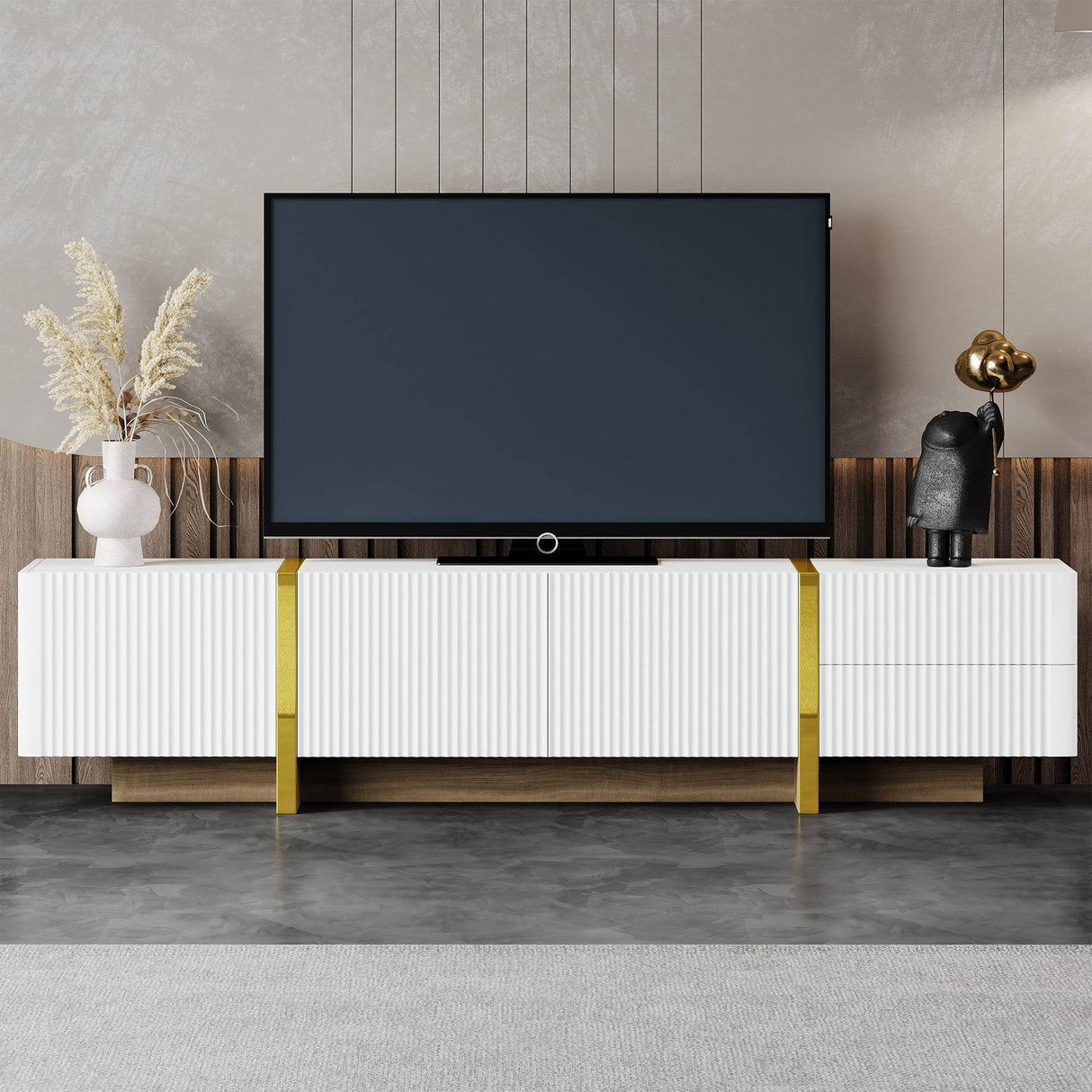 Luxury Fluted White And Gold Wood Grain TV Stand - Sleep Galleria
