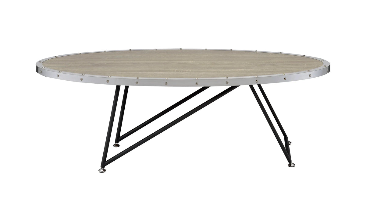 Industrial Oval Wood Top Metal Base Coffee Table - Omega Lifestyles