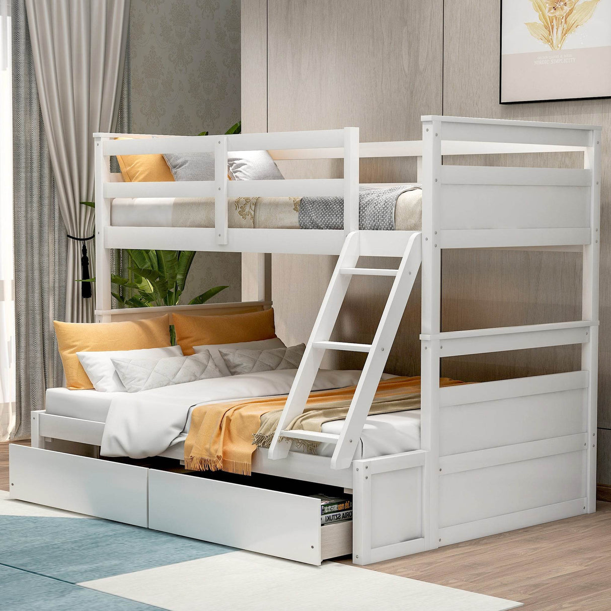 Twin Over Full Solid Wood White Bunk Bed With Storage - Omega Lifestyles