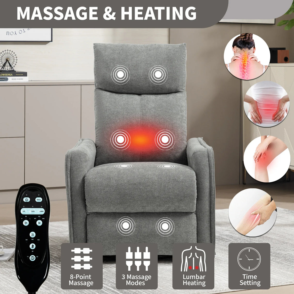 Heat Massage Recliner Chair With Swivel Rocker And Lumbar Heat - Omega Lifestyles