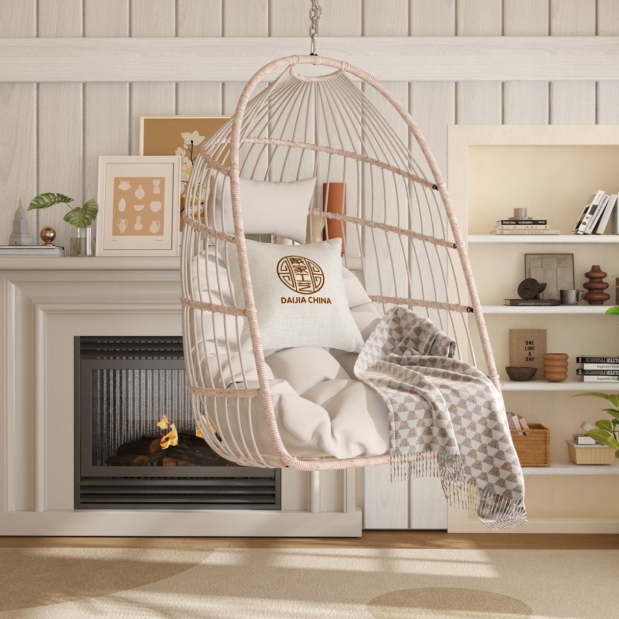 Off White Foldable Outdoor Rattan Egg Swing Chair