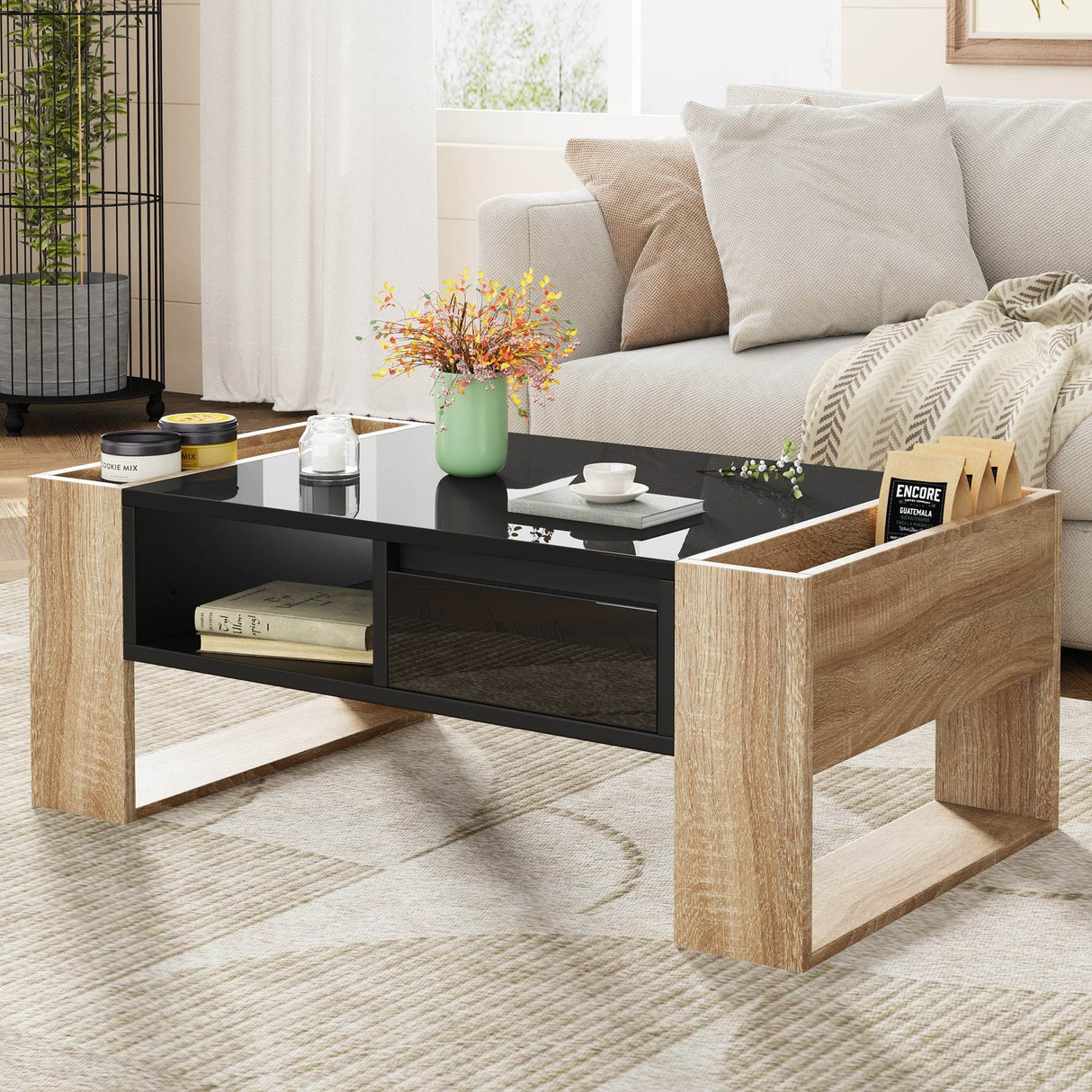 High Glossy Two Drawer Wood Grain Coffee Table - Sleep Galleria